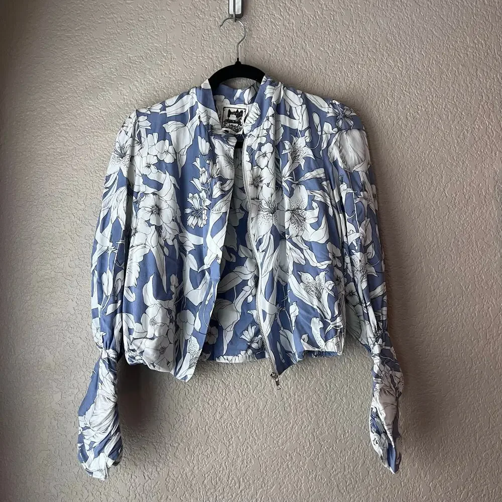 Anthropologie Jaase Floral Jacket Cropped Lightweight Ruched Tropical Medium